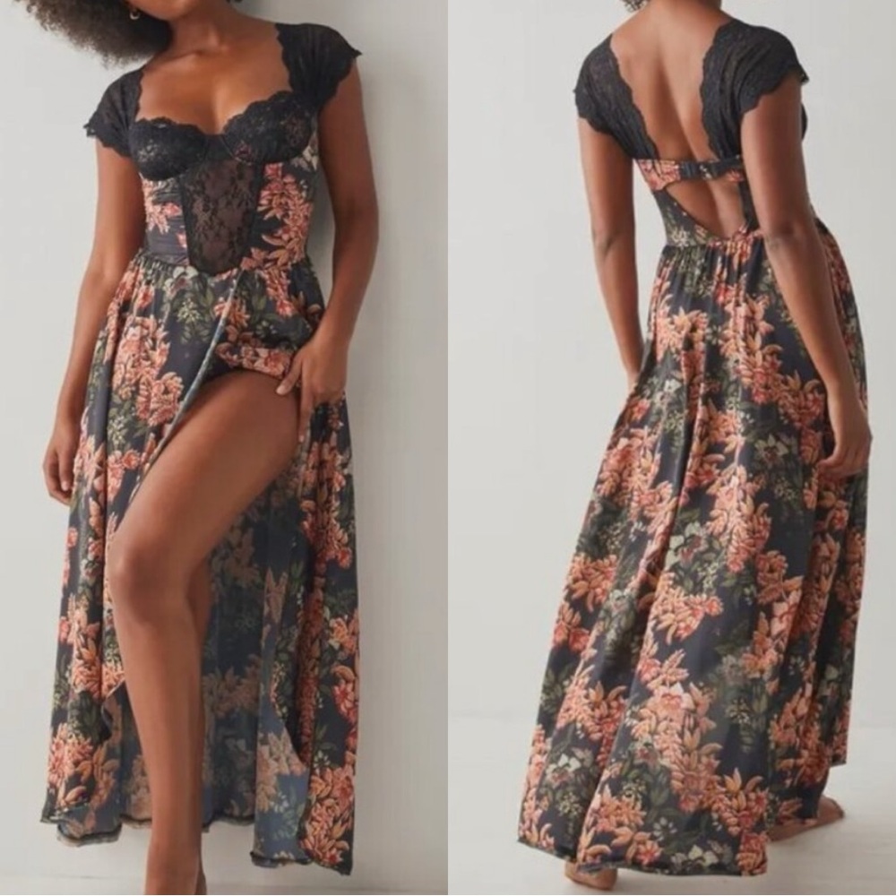 Free People Bad For You Maxi Dress Bodysuit Black Combo Floral Printed Large - Picture 12 of 12
